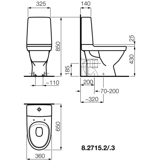 Kombinuotas unitazas KOMPAS Rimless, horizontalus nuotakas, 4,5/3 ltr. (650x360x850 mm) baltas