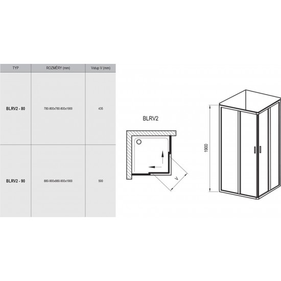 Kvadratinė dušo kabina Ravak Blix, BLRV2-90, blizgi+stiklas Transparent