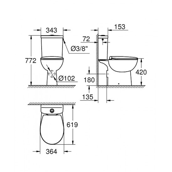 Pastatomas WC puodas Grohe BAU Rimless su bakeliu, dangčiu soft-close, horizontalus išb.