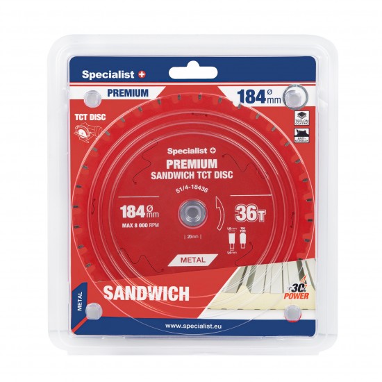 Pjovimo diskas 184x36Tx20/16mm, Sandwich PREMIUM, SPECIALIST+ Pjovimo diskas 184x36Tx20/16mm, Sandwich PREMIUM, SPECIALIST+