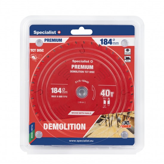 Pjovimo diskas 184x40Tx20/16mm, Demolition PREMIUM, SPECIALIST+ Pjovimo diskas 184x40Tx20/16mm, Demolition PREMIUM, SPECIALIST+