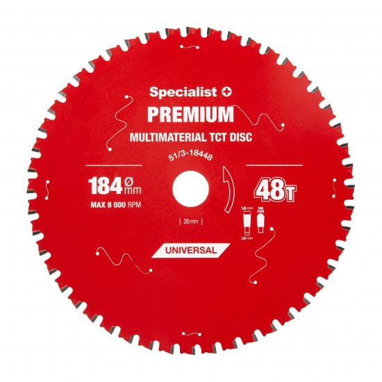 Pjovimo diskas 184x48Tx20/16mm, Multimaterial PREMIUM, SPECIALIST+ Pjovimo diskas 184x48Tx20/16mm, Multimaterial PREMIUM, SPECIALIST+