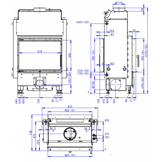 Plieninis židinio ugniakuras Romotop Dynamic DWB2M01 66.50.01 su šilumokaičiu