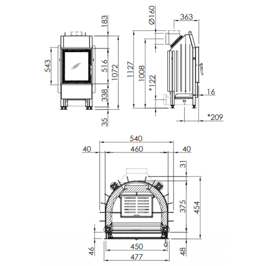 Plieninis židinio ugniakuras Spartherm Mini R1V510-4S, tiesiu stiklu, dešininės durelės