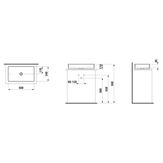 Praustuvas - dubuo Laufen Living Square 600x340 mm, be angos maišyt., be perlajos, baltas