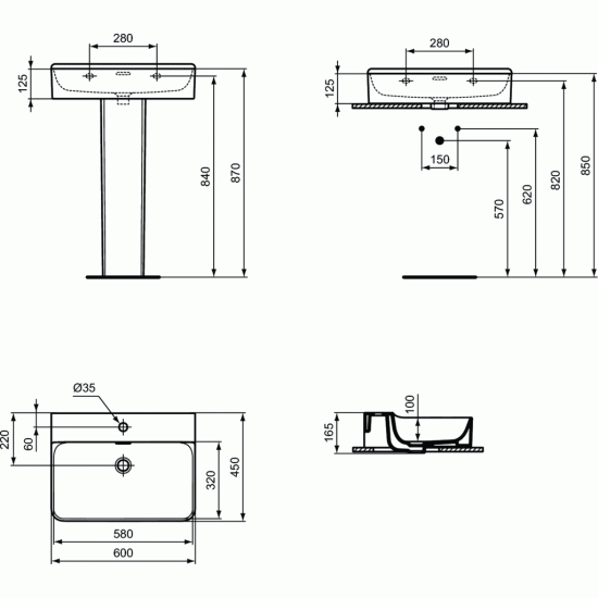 Praustuvas Ideal Standard Conca, 600x450, su persipylimu, su skyle maišytuvui Praustuvas Ideal Standard Conca, 600x450, su persipylimu, su skyle maišytuvui