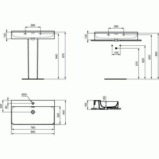Praustuvas Ideal Standard Conca, 800x450, su persipylimu, šlifuota apačia, su skyle maišytuvui Praustuvas Ideal Standard Conca, 800x450, su persipylimu, šlifuota apačia, su skyle maišytuvui