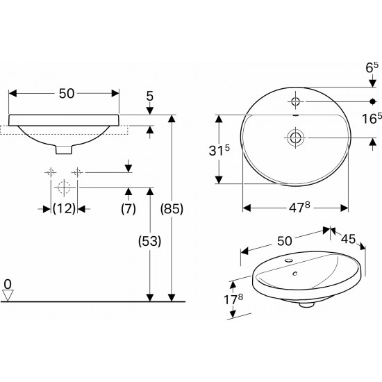 Praustuvas įleidžiamas VariForm 50 cm, ovalus, baltas