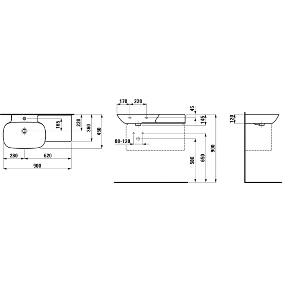 Praustuvas INO 900x450 mm su lentyna dešinėje, 1 skyle maišyt., Saphir Keramik, baltas