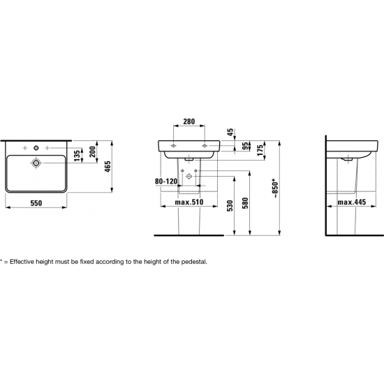 Praustuvas Laufen PRO S 550x465 mm su 1 skyle maišytuvui, baltas