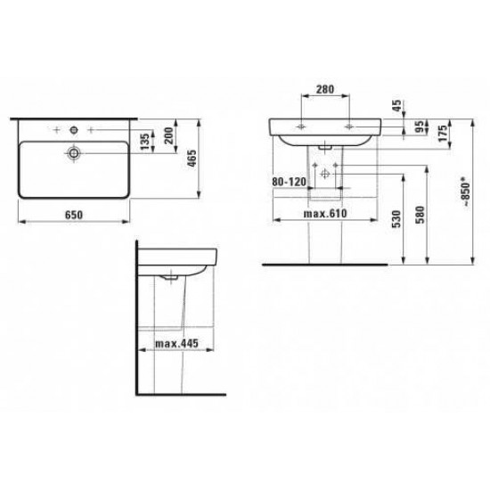 Praustuvas Laufen Pro S 650 x 465 mm, su skyle maišytuvui, baltas