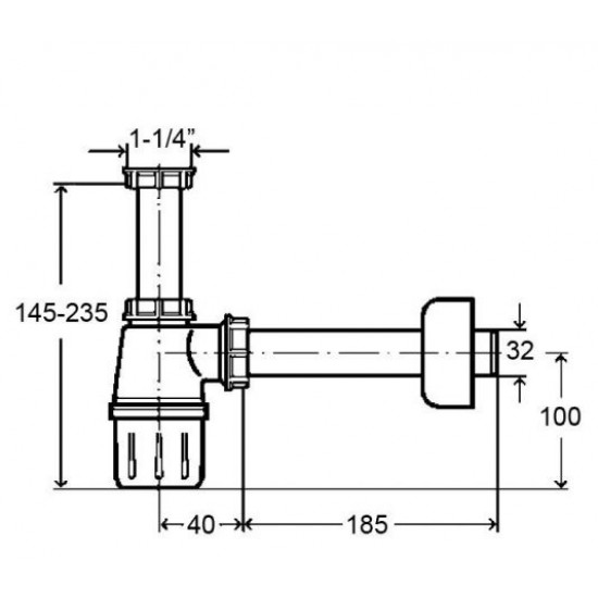 Praustuvo sifonas butelinis, be ventilio 1 1/4 x 32, plastikinis Praustuvo sifonas butelinis, be ventilio 1 1/4 x 32, plastikinis