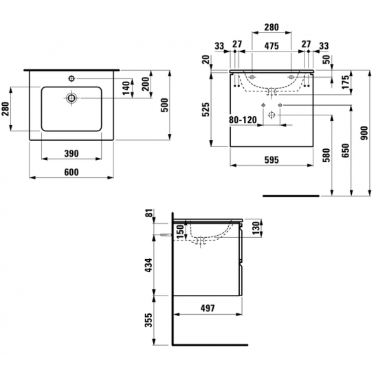 Praustuvos spintelė PRO S 600x500x440 mm su praustuvu ir dviem stalčiais, matinė balta