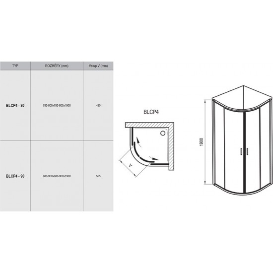 Pusapvalė dušo kabina Ravak Blix, BLCP4-90, blizgi + stiklas Transparent
