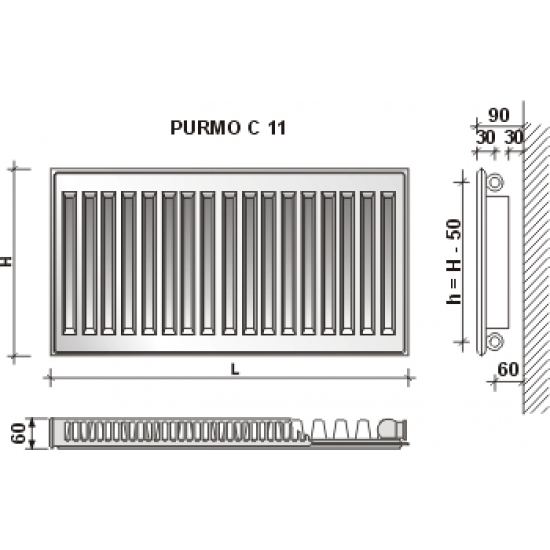 Radiatorius Purmo Compact C 11, 500-1100, pajungimas šone