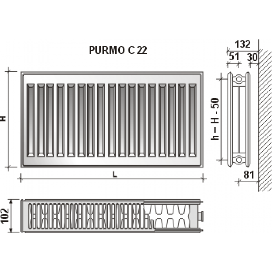 Radiatorius Purmo Compact C 22, 450-1000, pajungimas šone