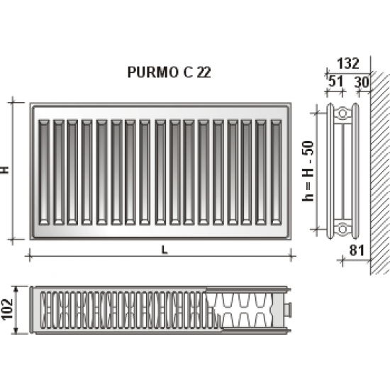 Radiatorius Purmo Compact C 22, 500-1800, pajungimas šone