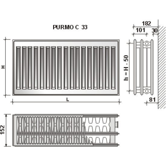 Radiatorius Purmo Compact C 33, 300-1100, pajungimas šone