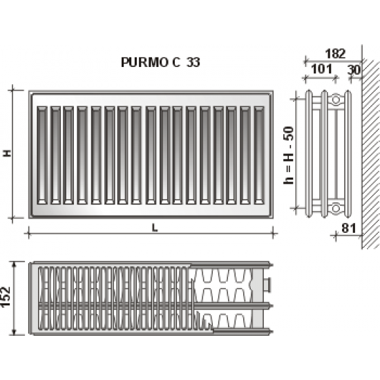 Radiatorius Purmo Compact C 33, 500-900, pajungimas šone