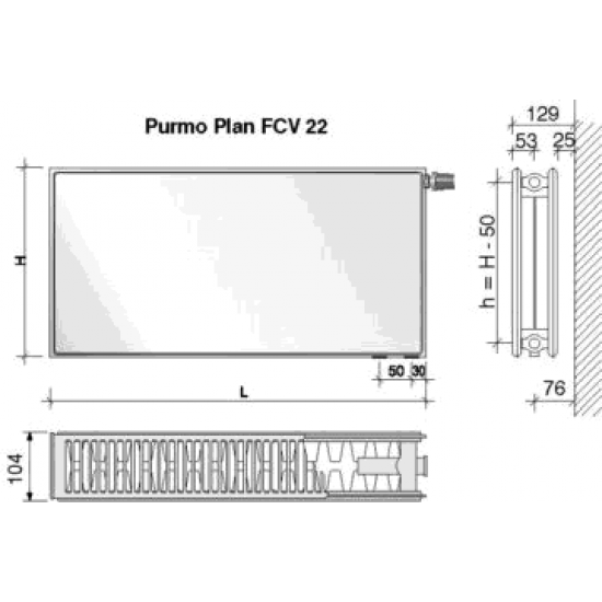 Radiatorius PURMO FCV 22, 500-1100, pajungimas apačioje