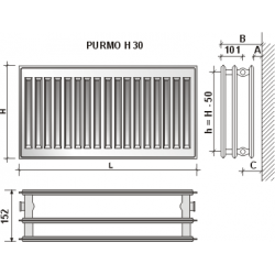 Radiatorius PURMO H 30, 500-800, pajungimas šone