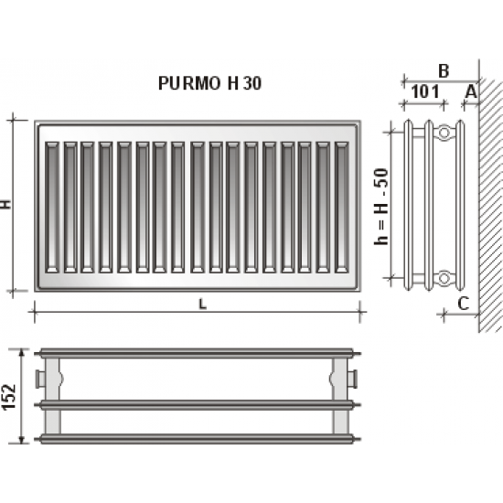 Radiatorius PURMO H 30, 500-800, pajungimas šone
