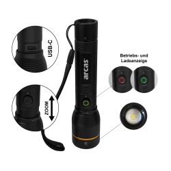 Rankinis žibintuvėlis 10W, įkraunamas USB-C, juodas, ARCAS