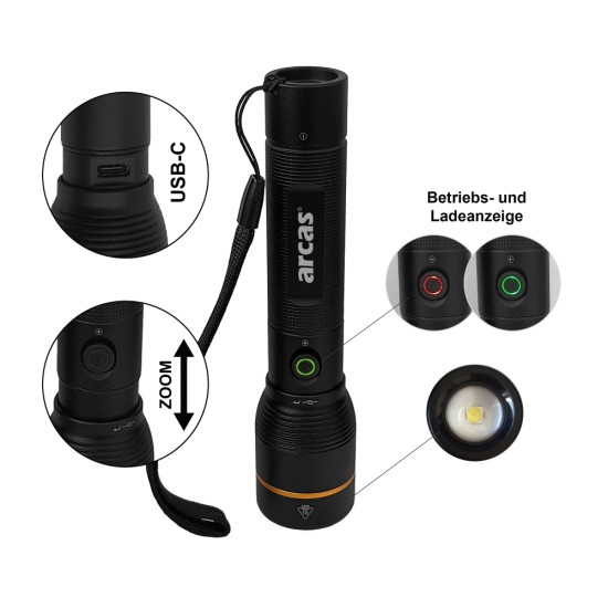 Rankinis žibintuvėlis 10W, įkraunamas USB-C, juodas, ARCAS Rankinis žibintuvėlis 10W, įkraunamas USB-C, juodas, ARCAS