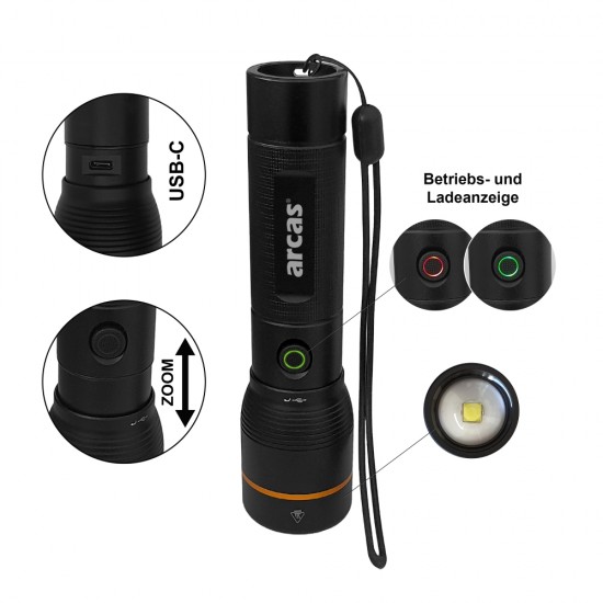 Rankinis žibintuvėlis, 20W, įkraunamas USB-C, juodas, ARCAS Rankinis žibintuvėlis, 20W, įkraunamas USB-C, juodas, ARCAS