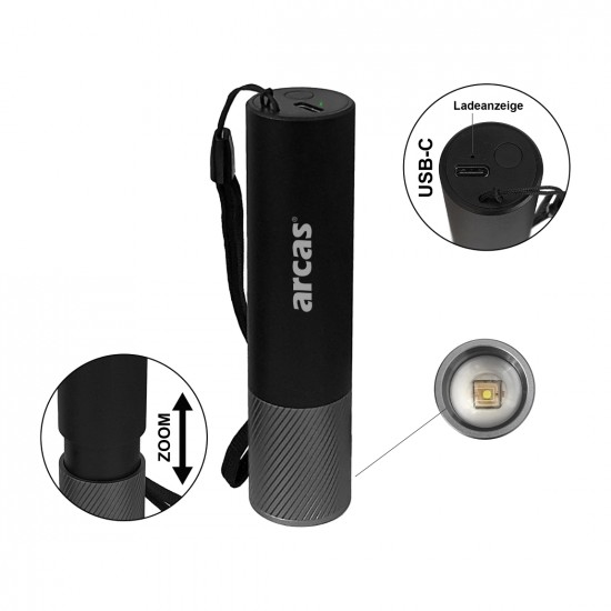 Rankinis žibintuvėlis 3W, įkraunamas USB-C, juodas, ARCAS Rankinis žibintuvėlis 3W, įkraunamas USB-C, juodas, ARCAS