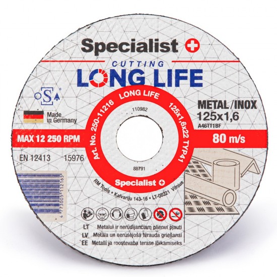 SPECIALIST+ metalo pj.diskas LONG LIFE, 125x1.6x22 mm SPECIALIST+ metalo pj.diskas LONG LIFE, 125x1.6x22 mm