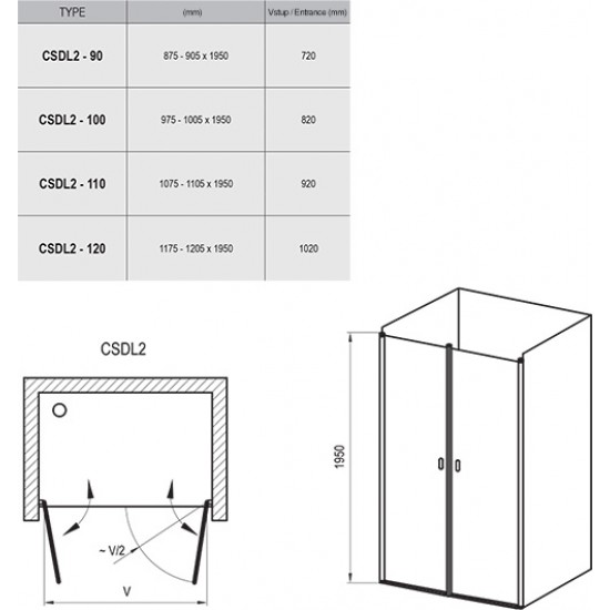 Varstomos dušo durys Ravak Chrome, CSDL2-110, blizgi+stiklas Transparent