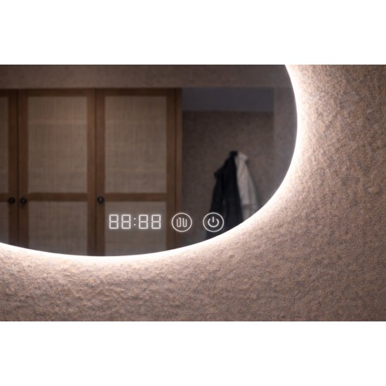 Veidrodis OVAL LED IŠMANUS su funkcija nuo rasojimo, laikrodžiu ir termometru