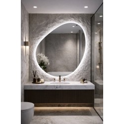 Veidrodis PEBBLE LED IŠMANUS su funkcija nuo rasojimo, laikrodžiu ir termometru